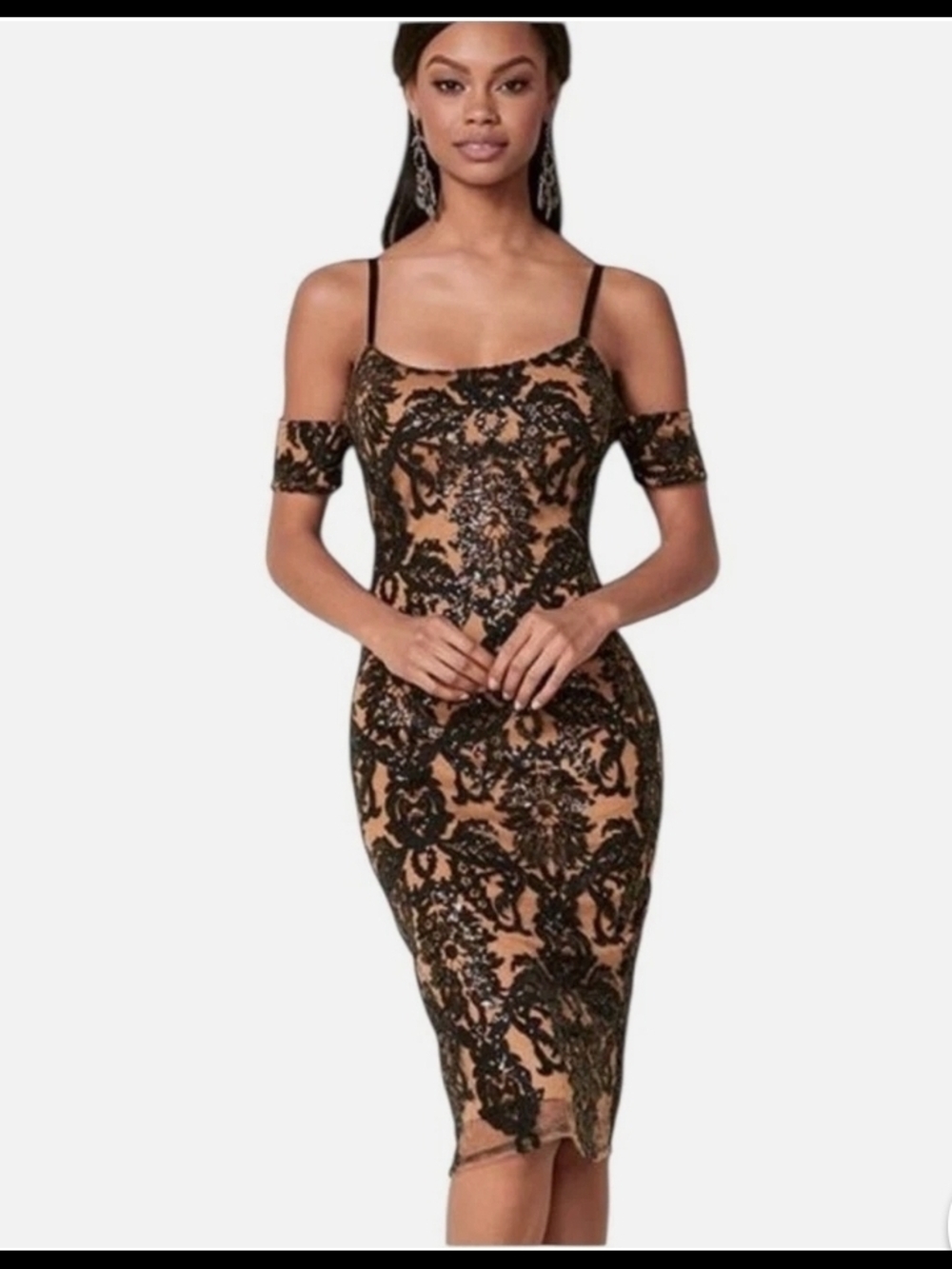 VENUS Black Lace-Overlay Nude Midi Dress - Women